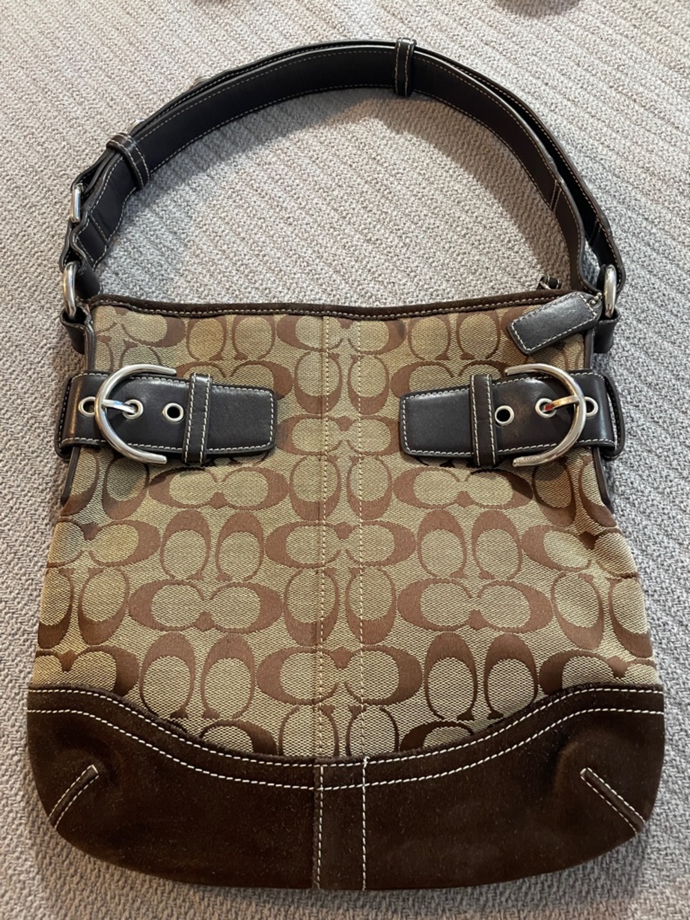 Coach Tan and Brown Signature Canvas Shoulder Bag with Buckle Detail